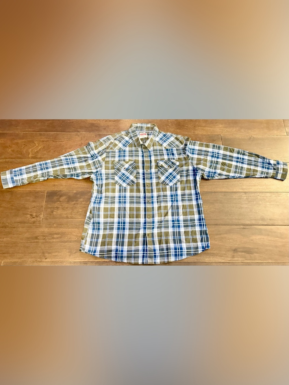 Wrangler Men’s 2XL Blue Olive Plaid Snap Button Shirt Long Sleeve Western